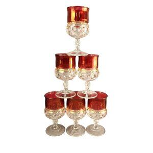 Tiffin Franciscan Kings Crown Ruby Thumbprint Flashed Glasses Barware Wine Set V